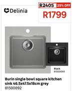 Delinia Burin Single Bowl Square Kitchen Sink 46.5 x 47.5 x 18cm Grey 81500092