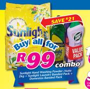 Sunlight Hand Washing Powder/Auto 2Kg+ Sunlight Laundry Banded Pack + Domestos Banded Pack-Per Combo