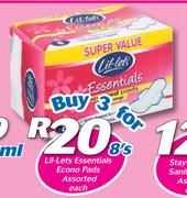 Lil-Lets Essentials Econo Pads Assorted 8's Pack-For 3 