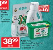 Ariel Auto Washing Powder-2kg, Concentrate-1.5L Or Capsules-14's Each