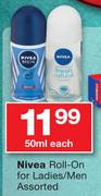 Nivea Roll-On For Ladies/Men Assorted-50ml Each