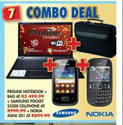 Proline Notebook + Bag + Samsung Pocket S5300 Cellphone + Nokia Asha 201 Cellphone