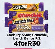 Cadbury 5 Star, Crunchie, Lunch Bar Or P.S-For 4