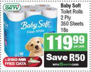 Baby Soft Toilet Rolls 2 Ply 350 Sheets-18 Per Pack
