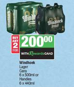 Windhoek Lager Cans 6 x 500ml Or Handies 6 x 440ml-For Any 2