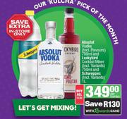 Absolut Vodka 750ml, Luckybird Cocktail Mixer 750ml & Schweppes (All Variants) 1Ltr-For All