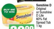 Sunshine D Original Or Sunshine D Lite 60 % Fat Spread Tub-1Kg Each