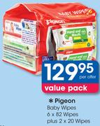 Pigeon Baby Wipes 6x82 Wipes+ 2x 20 Wipes-Per Offer