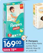 Pampers Active Baby Pants Jumbo Pack Midi-60's, Maxi-52's Or Junior-48's-Per Pack