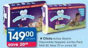 Clicks Active Stretch Disposable Nappies Jumbo Pack Midi-82's, Maxi-70's Or Junior-58's-Per Pack