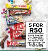 Nestle Smarties,Tex,Aero,Milky Bar 40g,Kitkat 4 Finger 41.5g,Chunky 42g Or Barone 52g-For 5