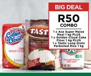 1xAce Super Maize Meal 1Kg,1xGolden Cloud Cake Flour 1Kg,1xTastic Long Grain Parboiled Rice 1Kg-Comb