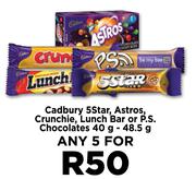 Cadbury 5 Star, Astros, Crunchie, Lunch Bar Or P.S.Chocolates-For Any 5 x 40g-48.5g