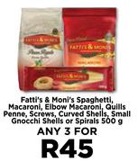 Fatti's & Moni's Spaghetti,Macaroni,Elbow Macaroni,Quills Penne,Screws,Curved Shells-For 3 x 500g