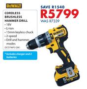 Dewalt 18V Cordless Brushless Hammer Drill  Including Charger And 2 Batteries DCD796P2-QW