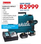 Makita 18V Cordless Impact Drill Set Including Case, Charger And Batteries DHP482RFE
