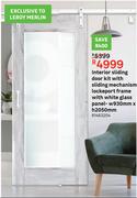 Interior Sliding Door Kit With Sliding Mechanism Lockeport Frame With White Glass Panel-w930mmxh2050