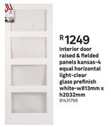 Interior Door Raised & Fielded Panels Kansas 4 Equal Horizontal Light Clear Glass Prefinish White