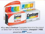 Centrum Complete From A To Zinc Adult Or Select 50+ Or Active 30 Tablets-Each