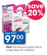 Veet Hair Removal Cream 100ml, Or Wax Strips 18 Or 20Pack-Each