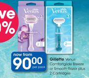 Gillette Venus Comfort Glide Breeze Or Smooth Razor Plus 2 Cartridges-Per Pack