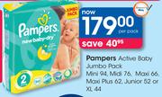 Pampers Active Baby Jumbo Pack Mini 94,Midi 76,Maxi 66,Maxi Plus 62,Junior 52 Or XL 44-Per Pack