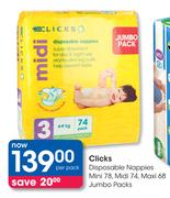 Clicks Disposable Nappies Mini 78, Midi 74, Maxi 68 Jumbo Packs-Per Pack