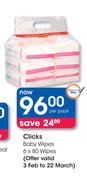 Clicks Baby Wipes-6 x 80 Wipes Per Pack