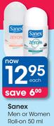 Sanex Men Or Women Roll On-50ml Each