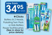 Clicks Battery & 2 Heads, Pulsating Twin Pack Or Kids Battery Power Toothbrushes-Per Pack