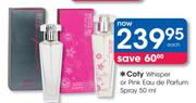 Coty Whisper Or Pink Eau De Parfum Spray-50ml Each