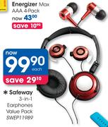 Safeway 3-in-1 Earphones Value Pack SWEP11989-Each