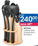 Clicks 12 Piece Knife & Utensil Set In Pine Block-Per Set