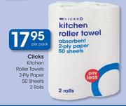 Clicks Kitchen Roller Towels 2 Ply Paper 50 Sheets 2 Rolls-Per Pack