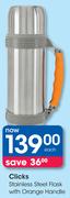 Clicks Stainless Steel Flask With Orange Handle-Each