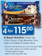 Quest Nutrition Protein Bar Choc Chunk, Choc Brownie, Choc Chip Or Cookies & Cream-4x60g