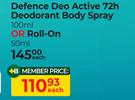 Bionike Defence Deo Active 72h Deodorant Body Spray 100ml Or Roll On 50ml