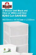 Big Jim 3-Drawer Unit Black & Clear Or White & Clear-Each