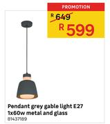 Pendant Grey Gable Light E27 1x60w Metal And Glass