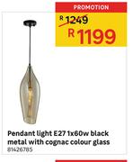 Pendant Light E27 1x60w Black Metal With Cognac Colour Glass