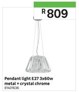 Pendant Light E27 3x60w Metal + Crystal Chrome
