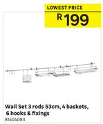 Wall Set 3 Rods 53cm, 4 Baskets, 6 Hooks & Fixings