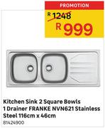 Kitchen Sink 2 Square Bowls 1 Drainer Franke NVN621 Stainless Steel 116cm x 46cm