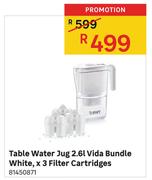 Table Water Jug 2.6Ltr Vida Bundle White x 3 Filter Cartridges