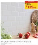 Subway Tile Ceramic White Bevelled Gloss 10X20cm-Per Sqm