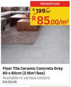 Floor Tile Ceramic Concrete Grey 60 x 60cm (2.16 Sqm/Box)-Per Sqm