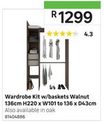 136cm Wardrobe Kit w/Baskets Walnut H220 X W101 To 136 X D43cm