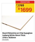 Board Melamine On Chip Supagloss Iceberg White 16mm Thick 2750 x 1830mm