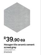 Hexagon Tile Ceramic Cement Screed Grey-220 x 250mm Each