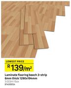 Laminate Flooring Beech 3 Strip 6mm Thick-1290 x 194mm Per Sqm